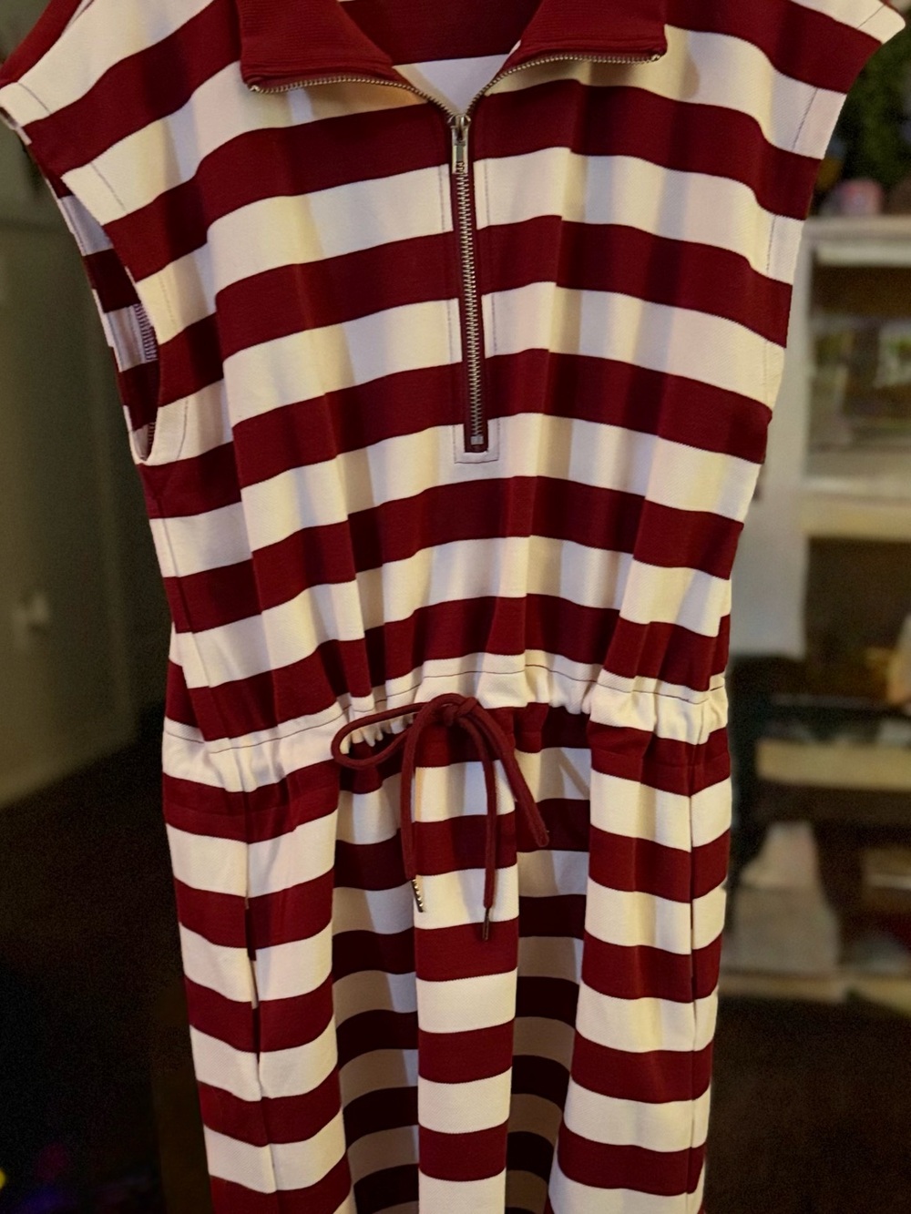 She + Sky Burgundy and White Striped Half-Zip Dress Size L